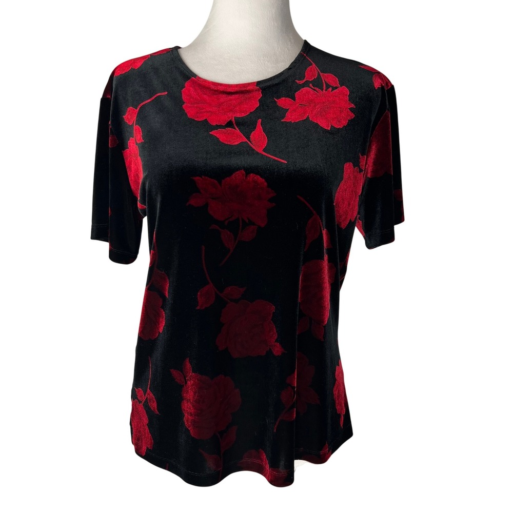 Vintage Fairy Grunge Velvet Top Small Red Rose Whimsigoth Witchy Floral Metallic